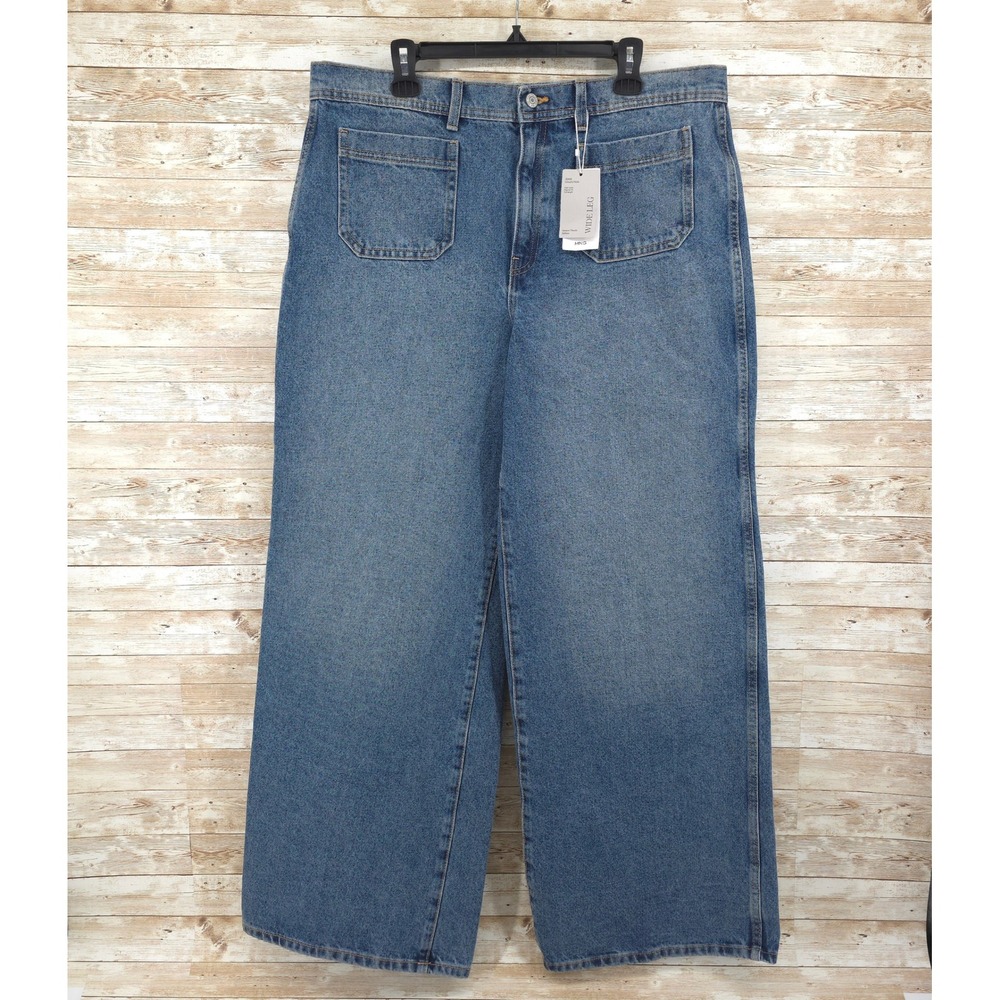 Mango‎ MNG Jeans Size 14 46 Wide Leg Baggy High Rise Blue Denim